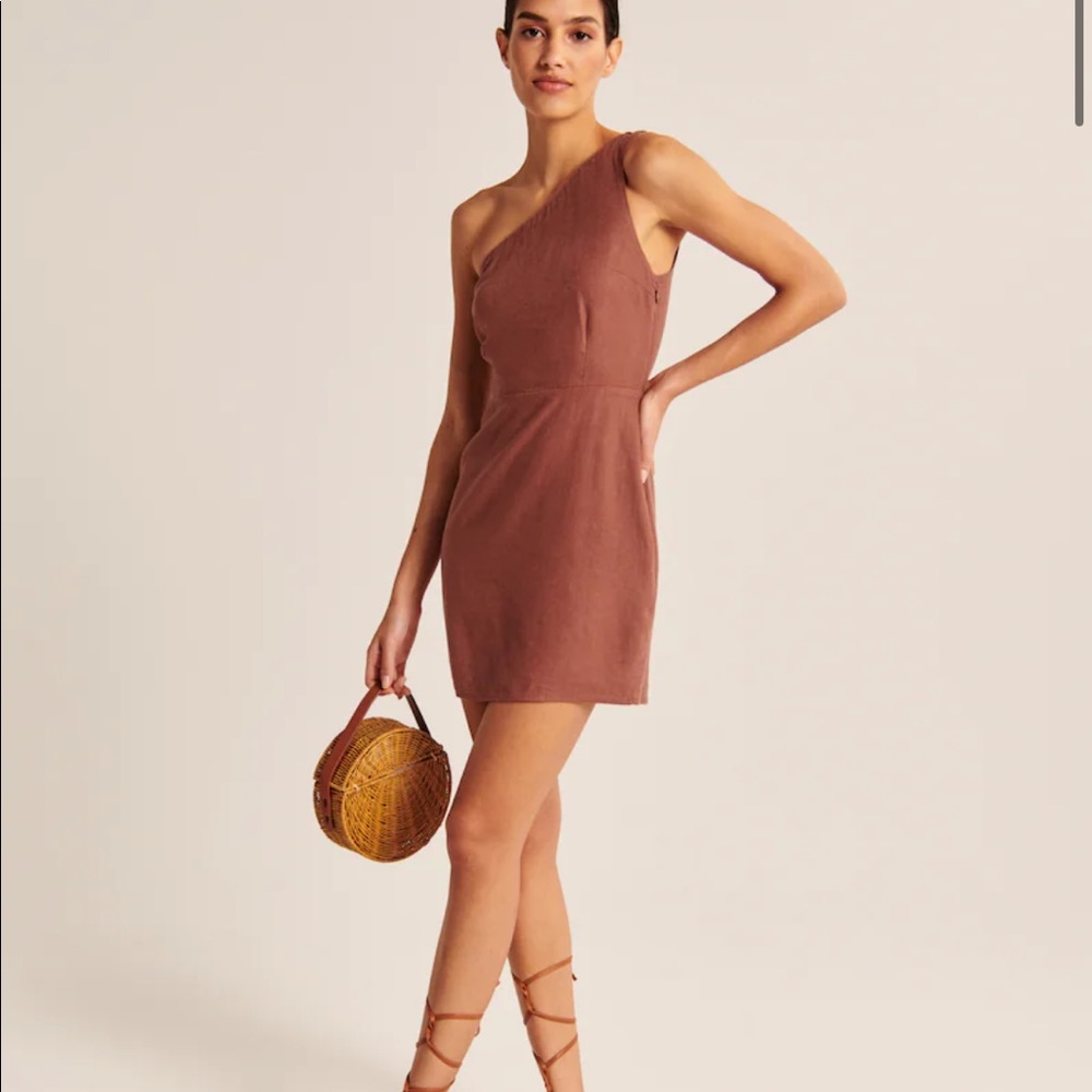 Abercrombie One-Shoulder Linen-Blend Mini Dress Paprika Red NWT